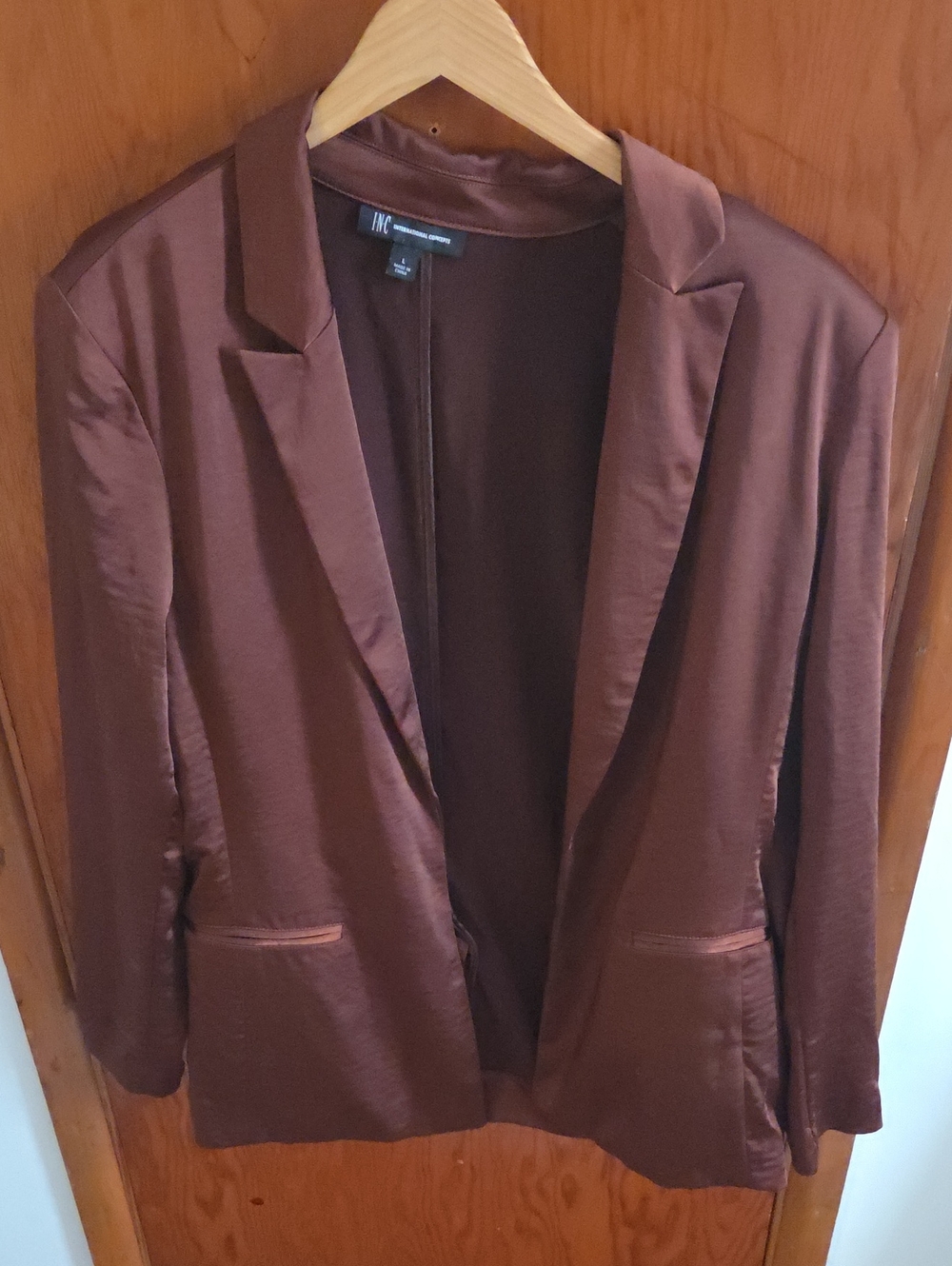 INC International Concepts Chocolate Brown Satin Open Blazer